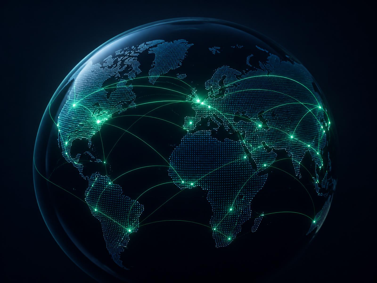 Illustration of global payment corridors connecting cities across a dark globe